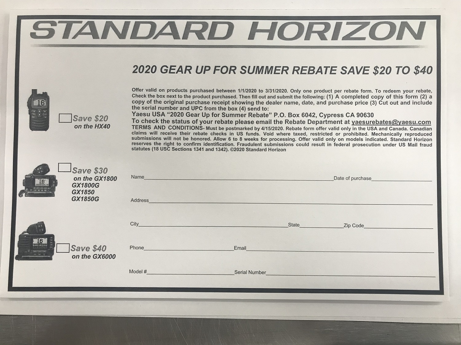 Standard Horizon 2020 Rebate Twowayradiocenter